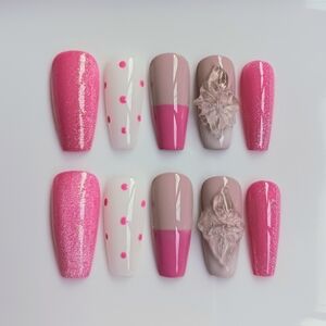 ✨️3d Flower Pink Glitter Cat Eye Handmade Gel Press On Nail Art Set 10pcs